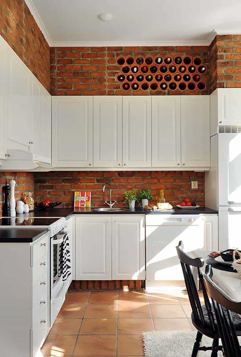 Brick Backsplash White Kitchen Cabinet