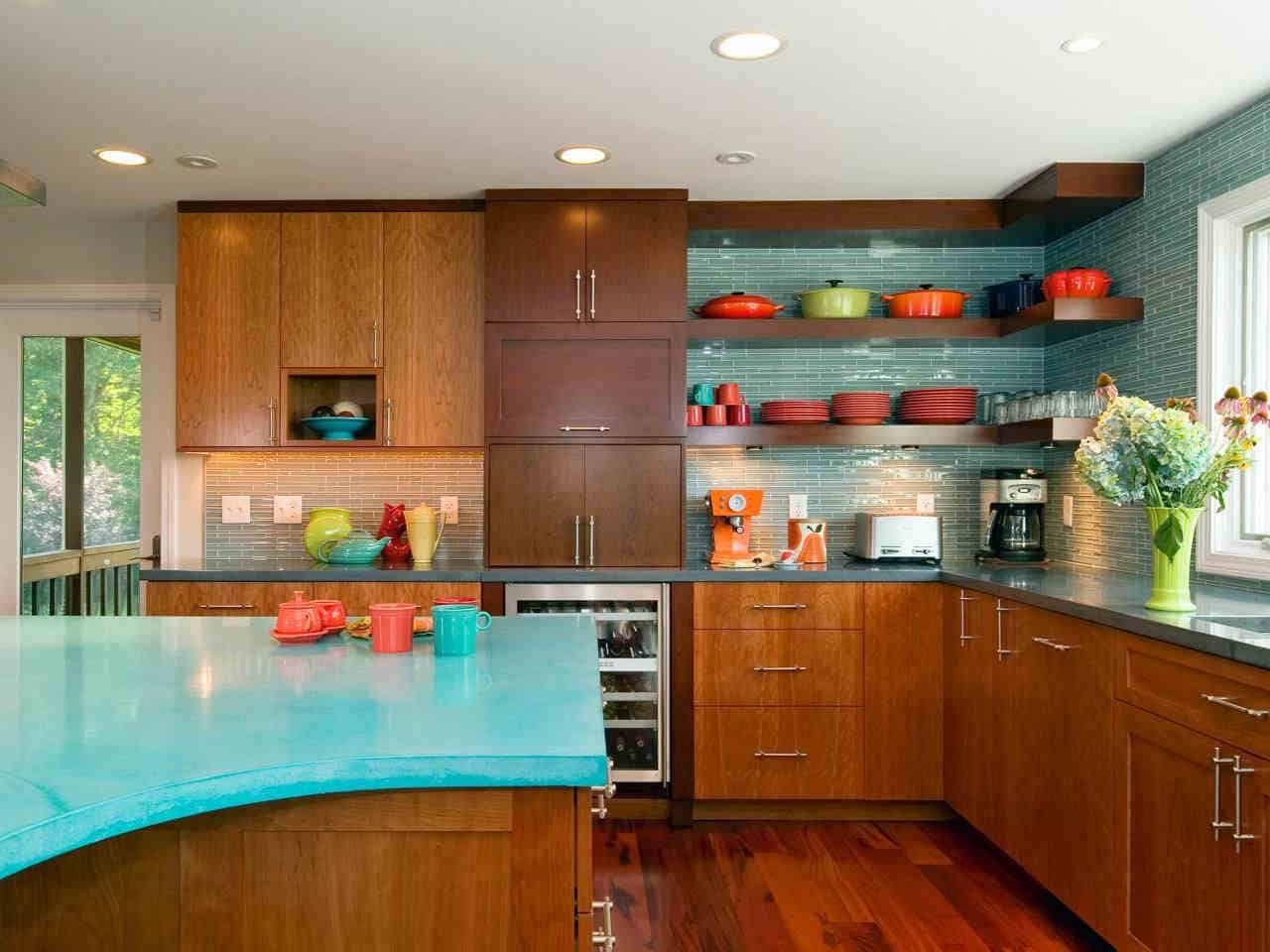 Mid Century Kitchen With Blue Kitchen Cabinet 