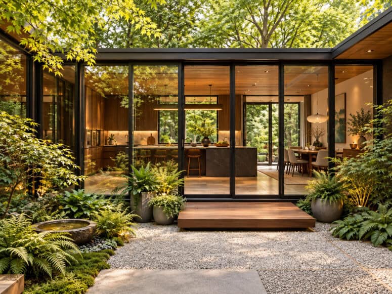 what is mid century modern Serene Modern Glass House Courtyard