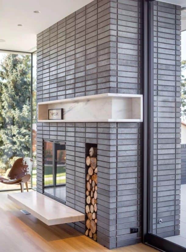 Modern Brick Fireplace With Firewood Storage