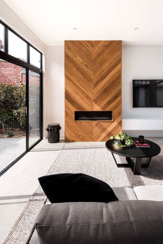 Modern Fireplace With Wooden Herringbone Pattern