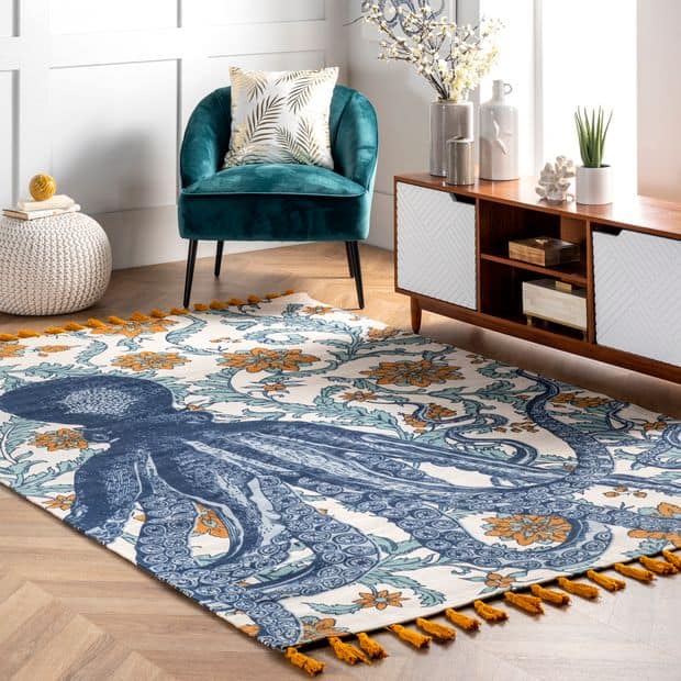 Blue And Mustard Giant Octopus Rug