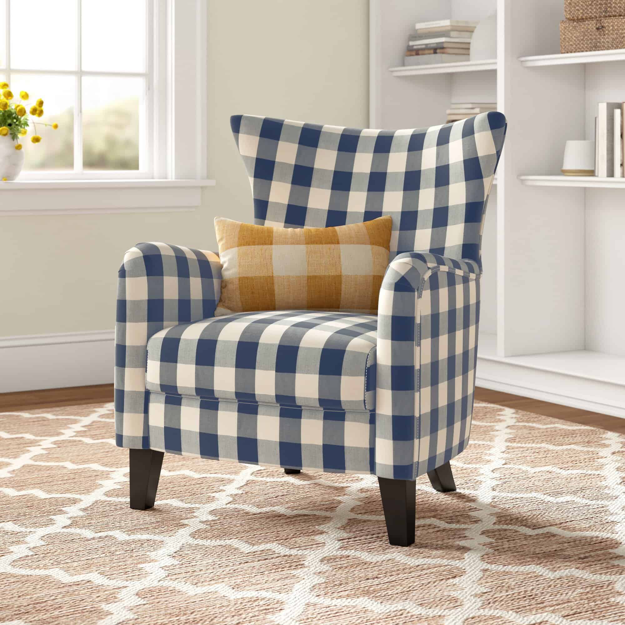 A Checkered White And Blue Armchair Feels Like Home