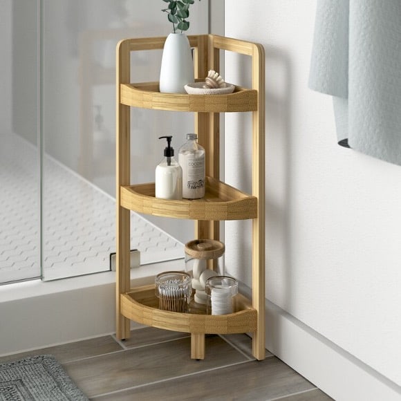 Install A Natural Wood Standing Bathroom Shelf