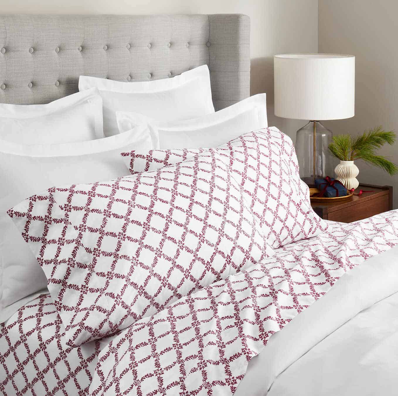 Pair Your Gray Comforter With A Beautiful Cranberry Lattice Pattern