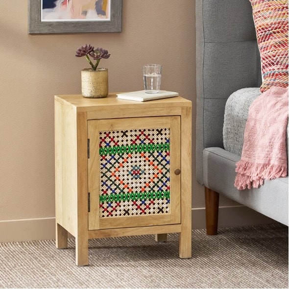 Add Texture With A Colorful Wicker Cabinet